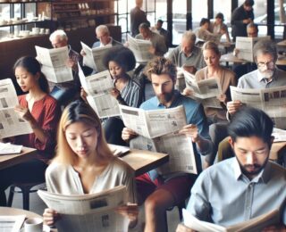 foule lisant le presse